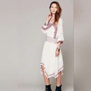 Free People White & Red Embroidered Longsleeve Women's Dress